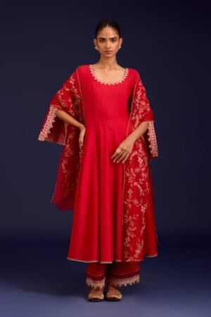 Red Dori Embroidered Anarkali Set by Devnaagri, South Asian ethnic wear