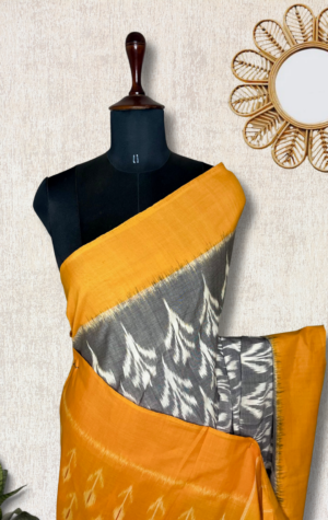 Exp – Handwoven Pochampally Cotton Saree – Cool Gray + Pumpkin Yellow by Tamara Chennai, South Asian ethnic wear