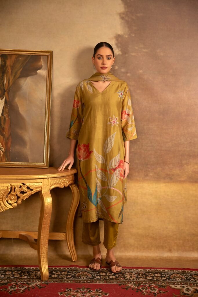 Olive Gold Floral Salwar Set by Mokshaa, South Asian ethnic wear