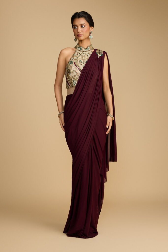 Deep Maroon Pre Stitched Draped Saree Go… by Seasons India, South Asian ethnic wear