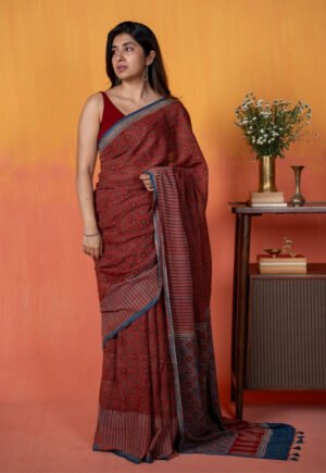 Red Geometric Jaal Ajrakh Hand Block Print Mul Saree by The Indian Ethnic Co., South Asian ethnic wear