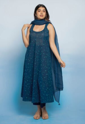 Tia Blue Dabu Mul Cotton Kali Kurta