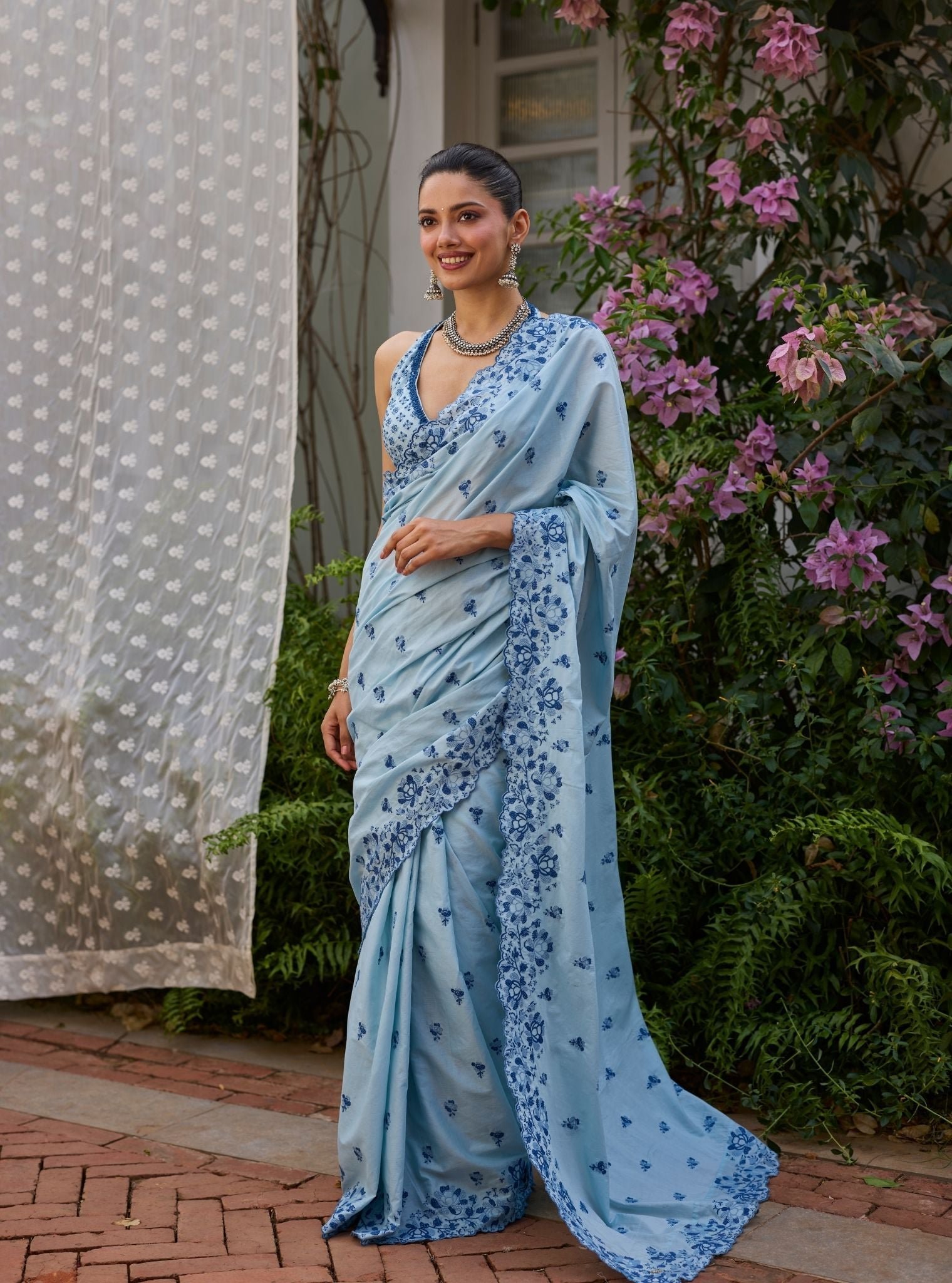 Rinae Supima Cotton Light Blue Saree by Mulmul, South Asian ethnic wear