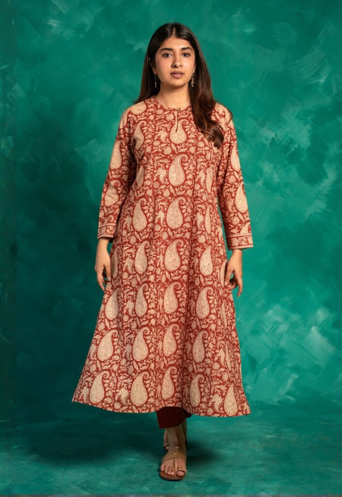 Zoohi Red Bagru Cotton A Line Kurta by The Indian Ethnic Co., South Asian ethnic wear