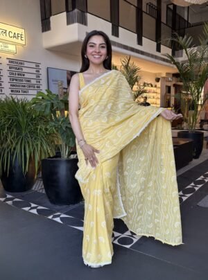 Mirik Supima Cotton Yellow Saree by Mulmul, South Asian ethnic wear
