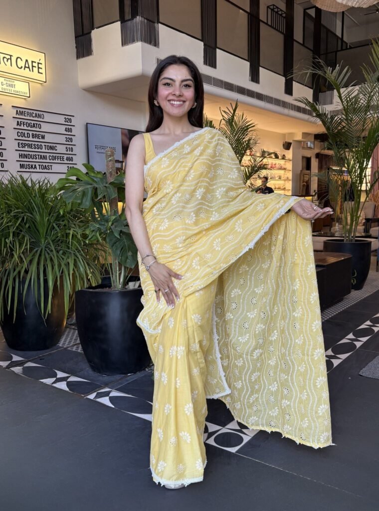 Mirik Supima Cotton Yellow Saree by Mulmul, South Asian ethnic wear