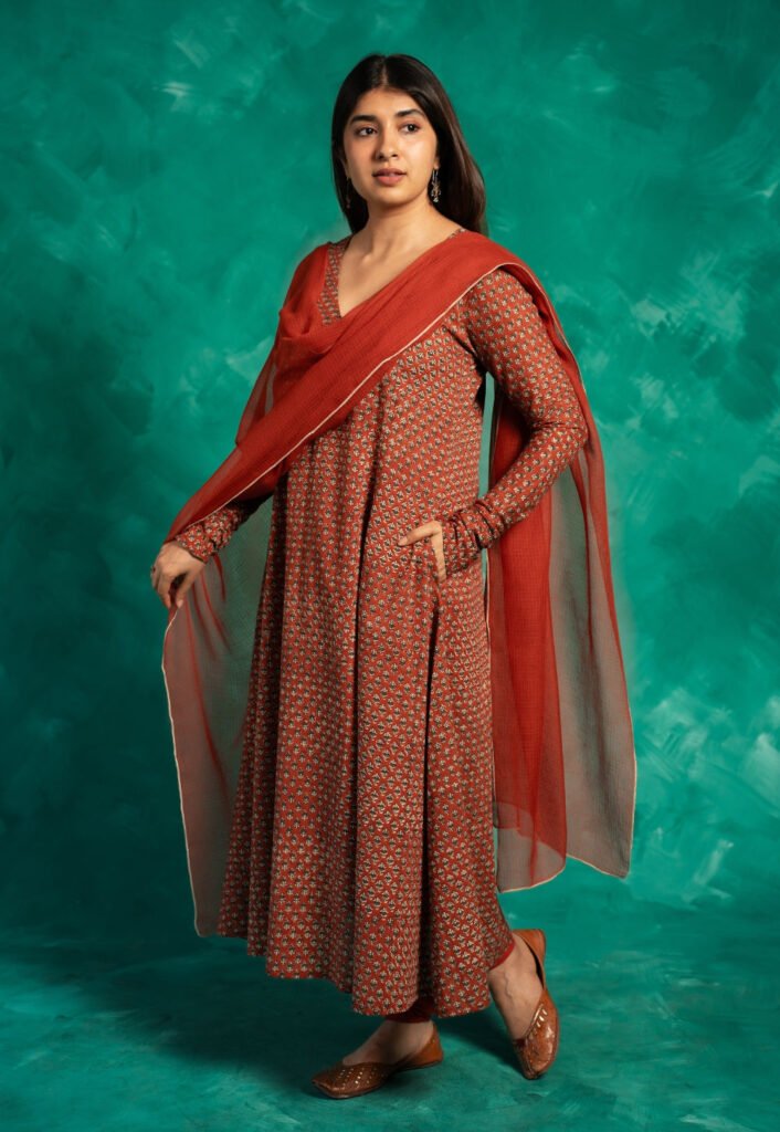 Huma Red Bagru Cotton Kali Kurta by The Indian Ethnic Co., South Asian ethnic wear