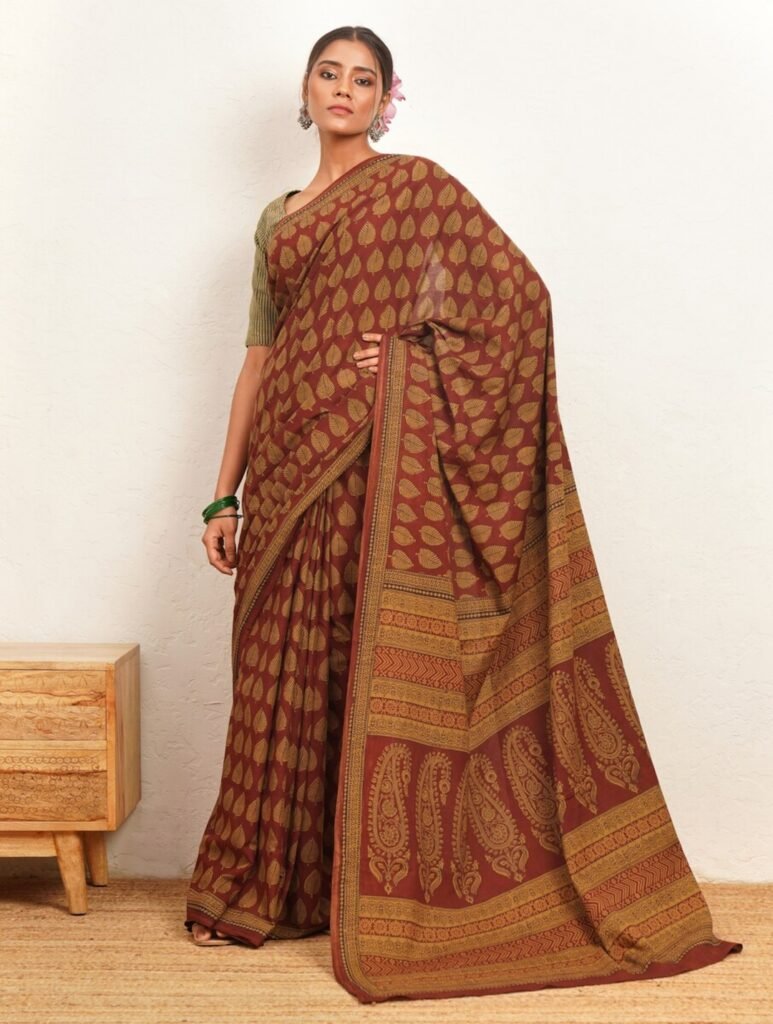 Maroon Red Cotton Bagh Woven Saree by Jaypore, South Asian ethnic wear