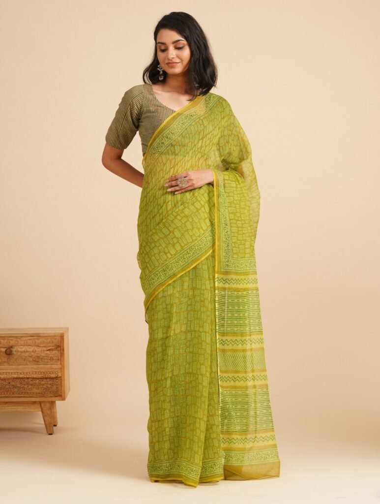 Lime Green Cotton Bagru Printed Saree by Jaypore, South Asian ethnic wear