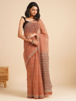 Red Kota Bagru Printed Saree by Jaypore, South Asian ethnic wear