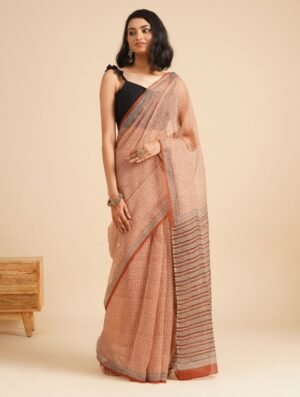 Orange Kota Bagru Printed Saree by Jaypore, South Asian ethnic wear