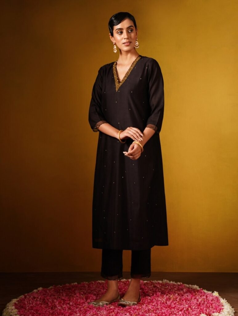 Women Black Cotton Silk Hand Embroidery Kurta With Pants by Jaypore, South Asian ethnic wear