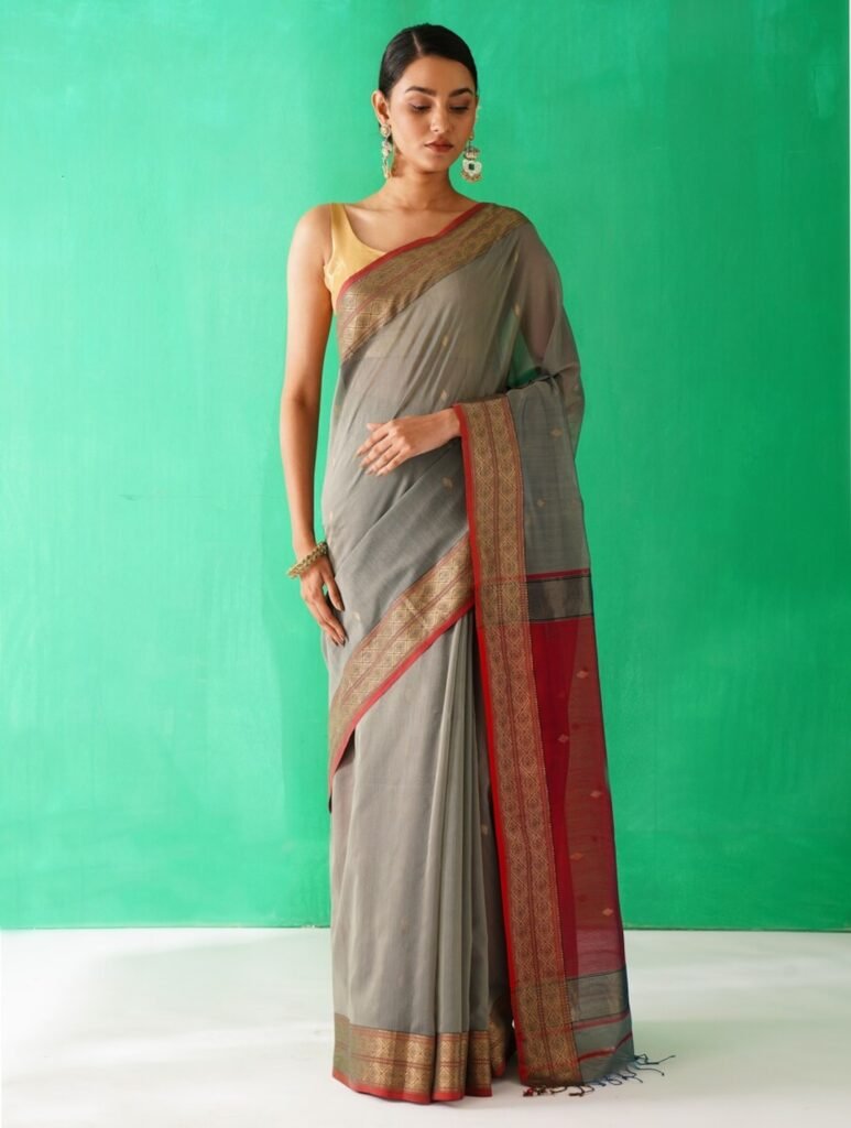 Grey Cotton Silk Maheshwari Woven Saree by Jaypore, South Asian ethnic wear