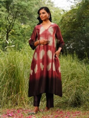 Women Red Cotton Silk Shibori Kurta With Pants