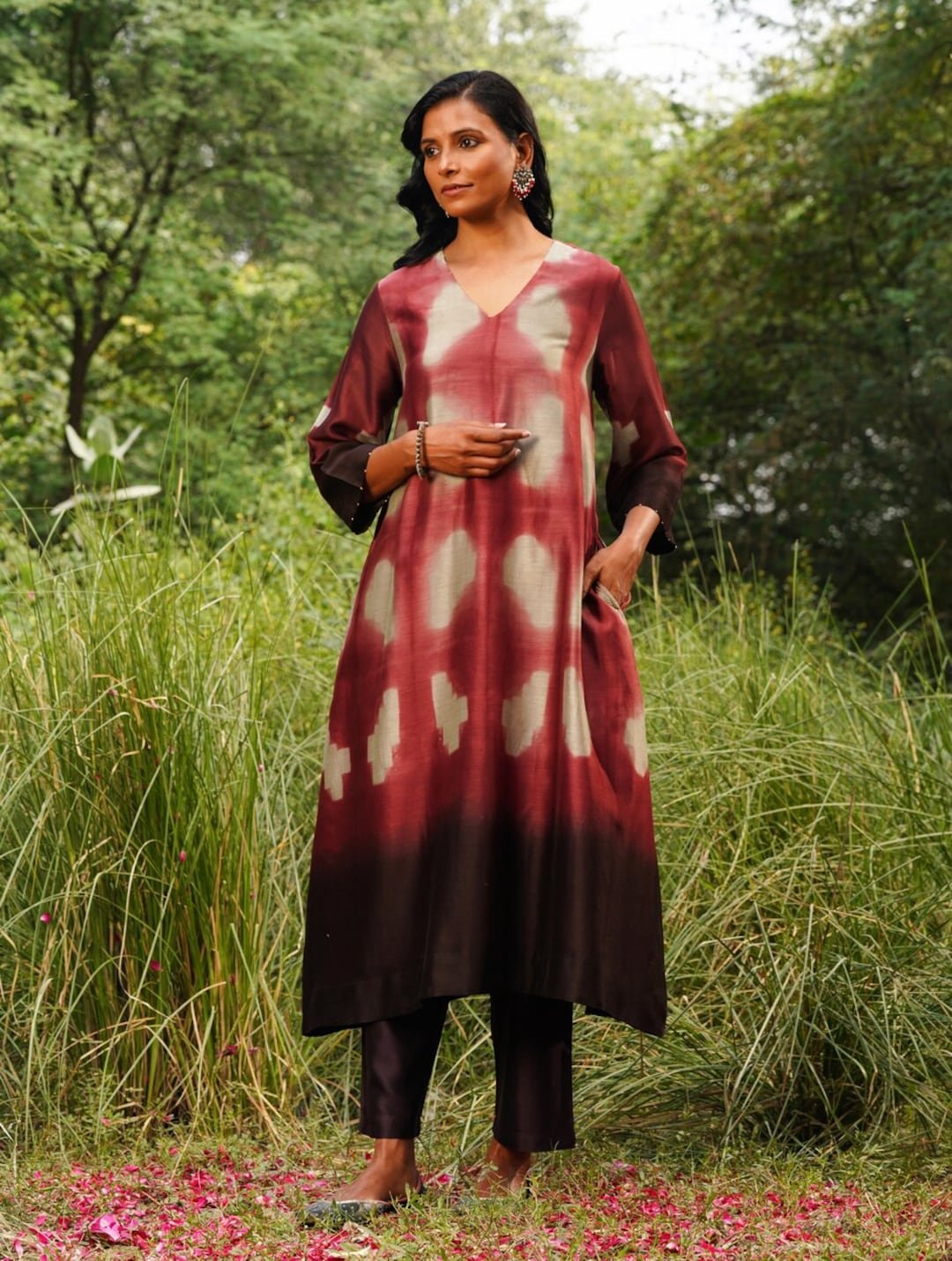 Women Red Cotton Silk Shibori Kurta With Pants
