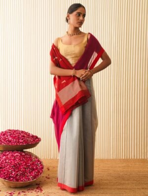 Grey Cotton Silk Chanderi Embroidered Saree by Jaypore, South Asian ethnic wear