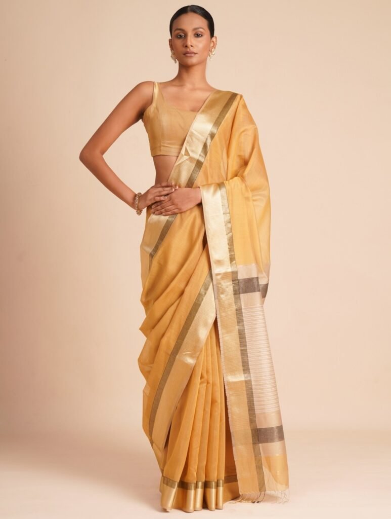 Mustard Yellow Cotton Silk Maheshwari Woven Saree by Jaypore, South Asian ethnic wear