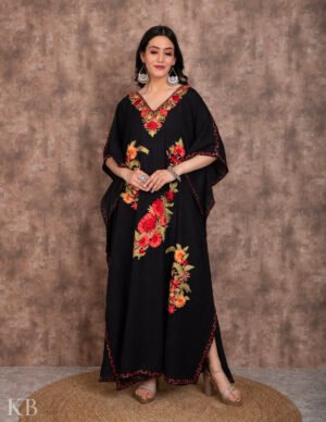 Black Kashmiri Aari Embroidered Cotton Kaftan For Women | Elegant Ethnic Wear by Kashmir Box, South Asian ethnic wear