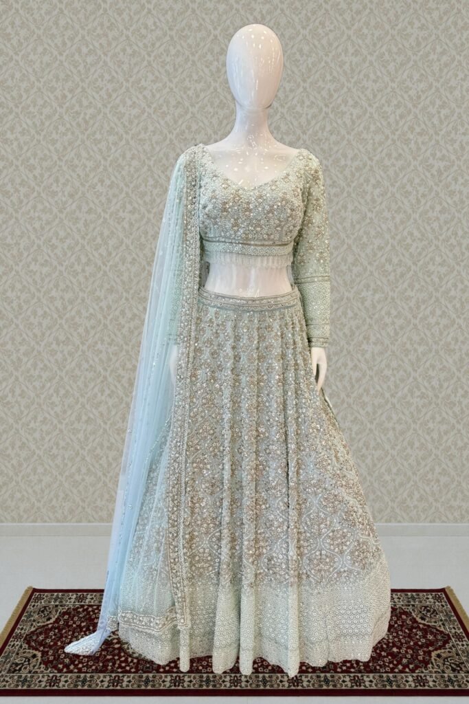 Aqua Blue Beads, Sequins And Zari Work Crop Top Designer Bridal Lehenga by Seasons Chennai, South Asian ethnic wear