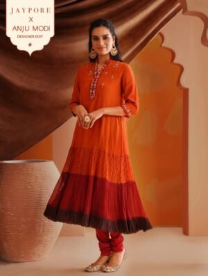 Women Orange Chanderi Silk Hand Embroidery Kurta With Churidar