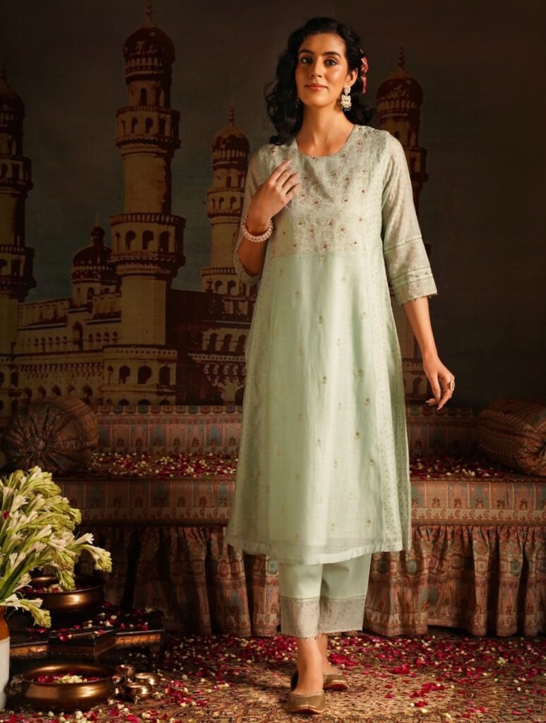 Women Teal Blue Chanderi Rogan Kurta With Pants by Jaypore, South Asian ethnic wear