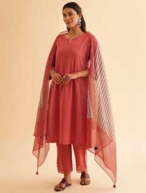 Women Rust Orange Cotton Kurta, Pants & Dupatta