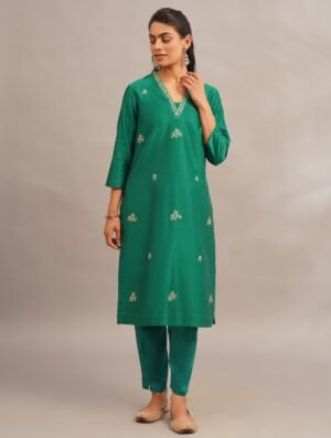 Women Green Cotton Silk Hand Embroidery Kurta With Pants