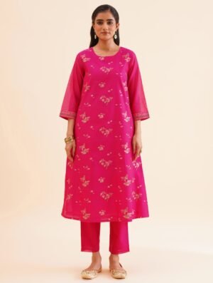 Women Pink Cotton Silk Brocade Kurta With Pants