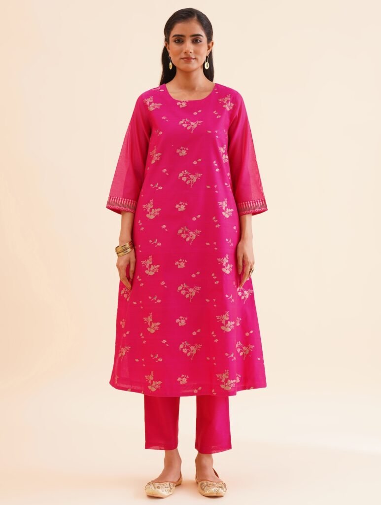 Women Pink Cotton Silk Brocade Kurta With Pants by Jaypore, South Asian ethnic wear