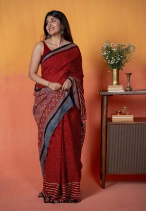 Red Stripe Ajrakh Hand Block Print Mul Saree by The Indian Ethnic Co., South Asian ethnic wear