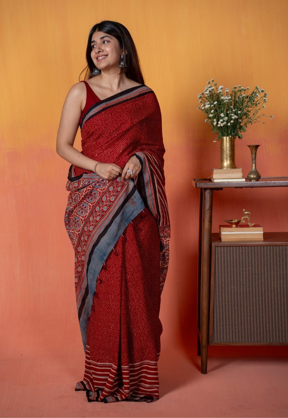 Red Stripe Ajrakh Hand Block Print Mul Saree