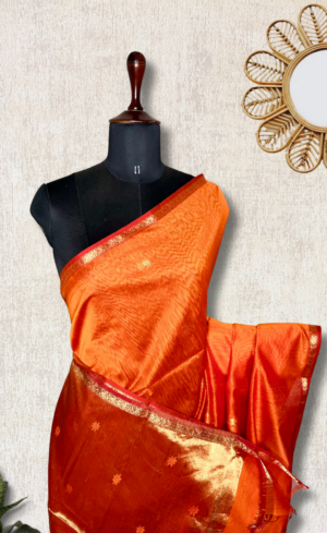 Exp – Handwoven Maheshwari Silk Cotton Saree – Rust Orange + Gold by Tamara Chennai, South Asian ethnic wear