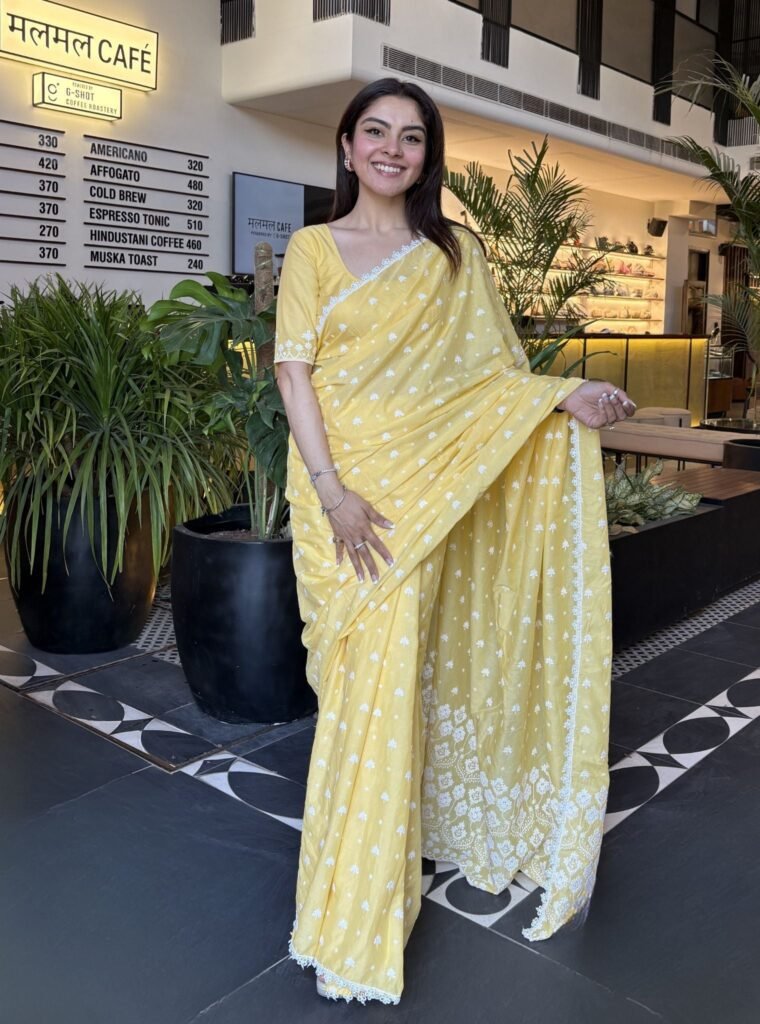 Chikli Supima Cotton Yellow Saree by Mulmul, South Asian ethnic wear