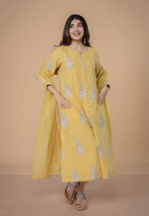 Ruchi Yellow Dabu Slub Cottton Straight Kurta