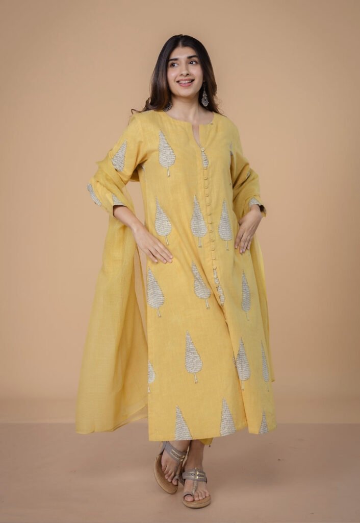 Ruchi Yellow Dabu Slub Cottton Straight Kurta by The Indian Ethnic Co., South Asian ethnic wear