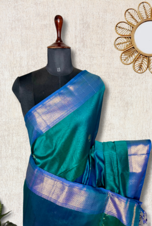 Exp – Handwoven Maheshwari Silk Cotton Saree – Peacock  Green + Royal Blue by Tamara Chennai, South Asian ethnic wear