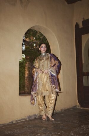 Gold Tissue Tilla Embroidered Kurta Set With Salwar Pants & Embroidered Copper Tissue Dupatta by Koshur India, South Asian ethnic wear
