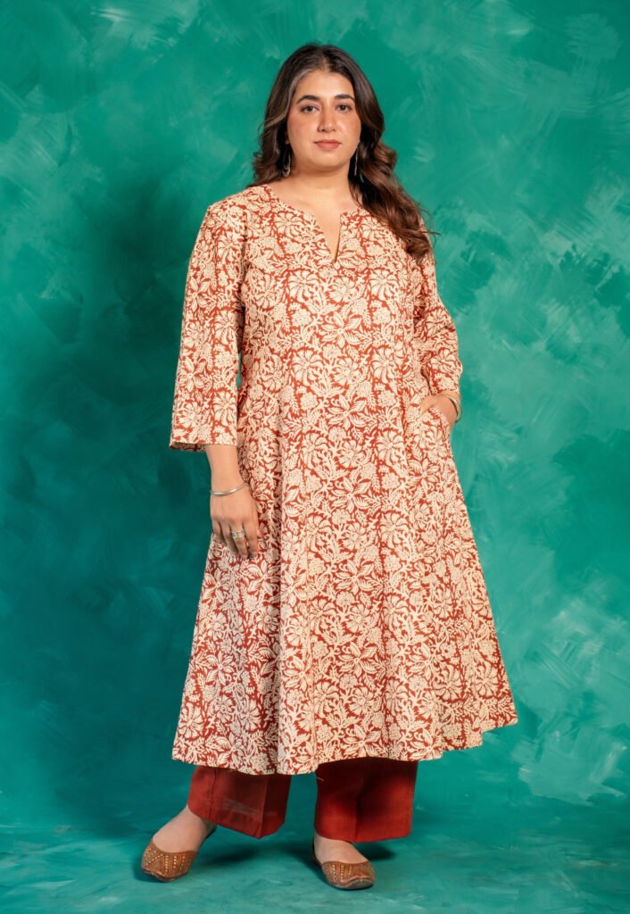 Malika Red Bagru Cotton Kali Kurta by The Indian Ethnic Co., South Asian ethnic wear