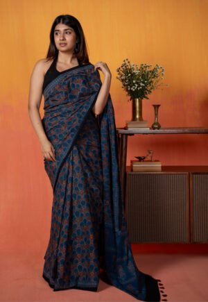 Blue Floral Jaal Ajrakh Hand Block Print Mul Saree
