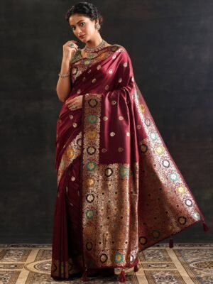 Maroon Woven Design Silk Blend Saree Wi...