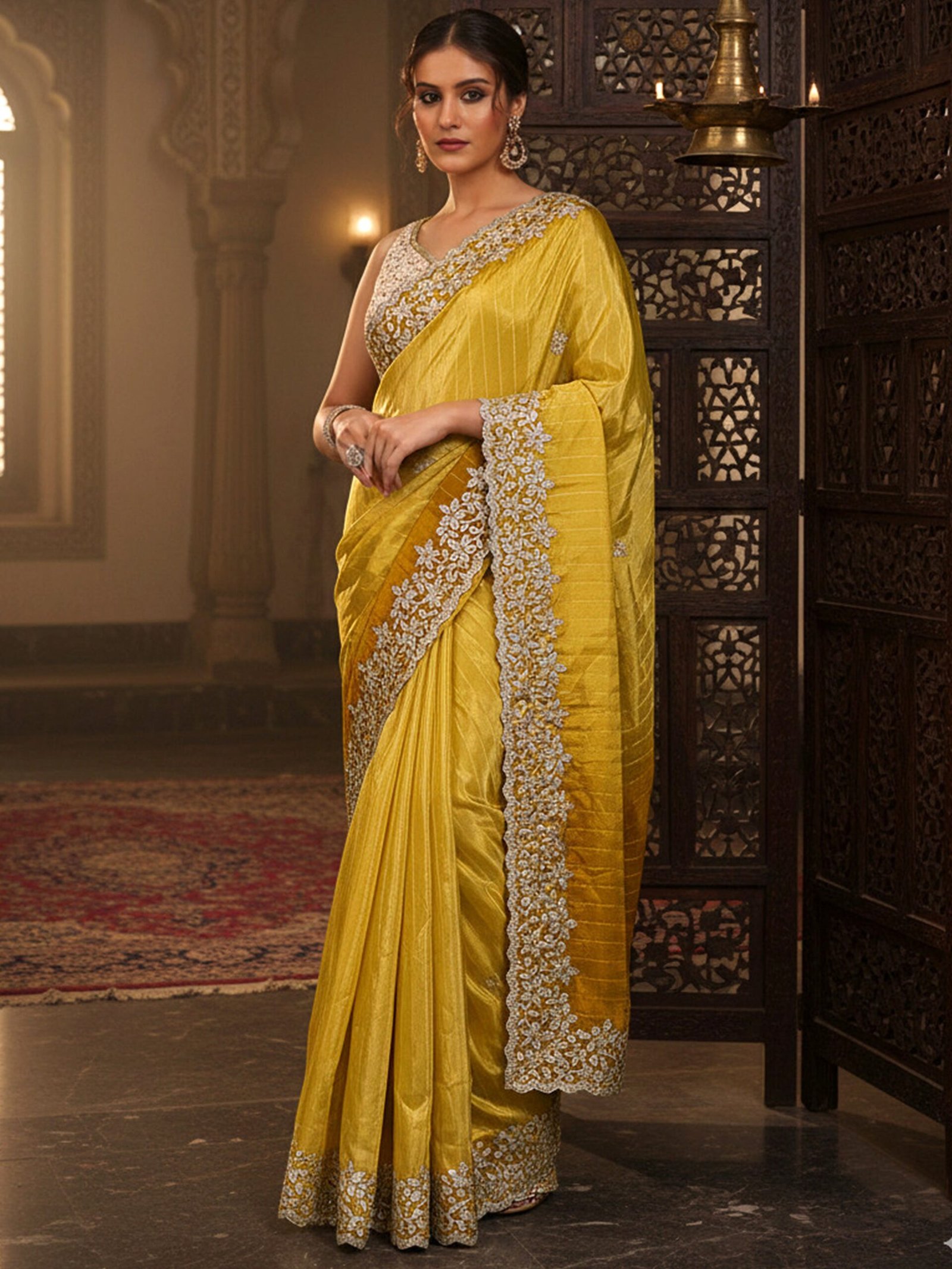 Yellow Embellished Crepe Saree With Uns...