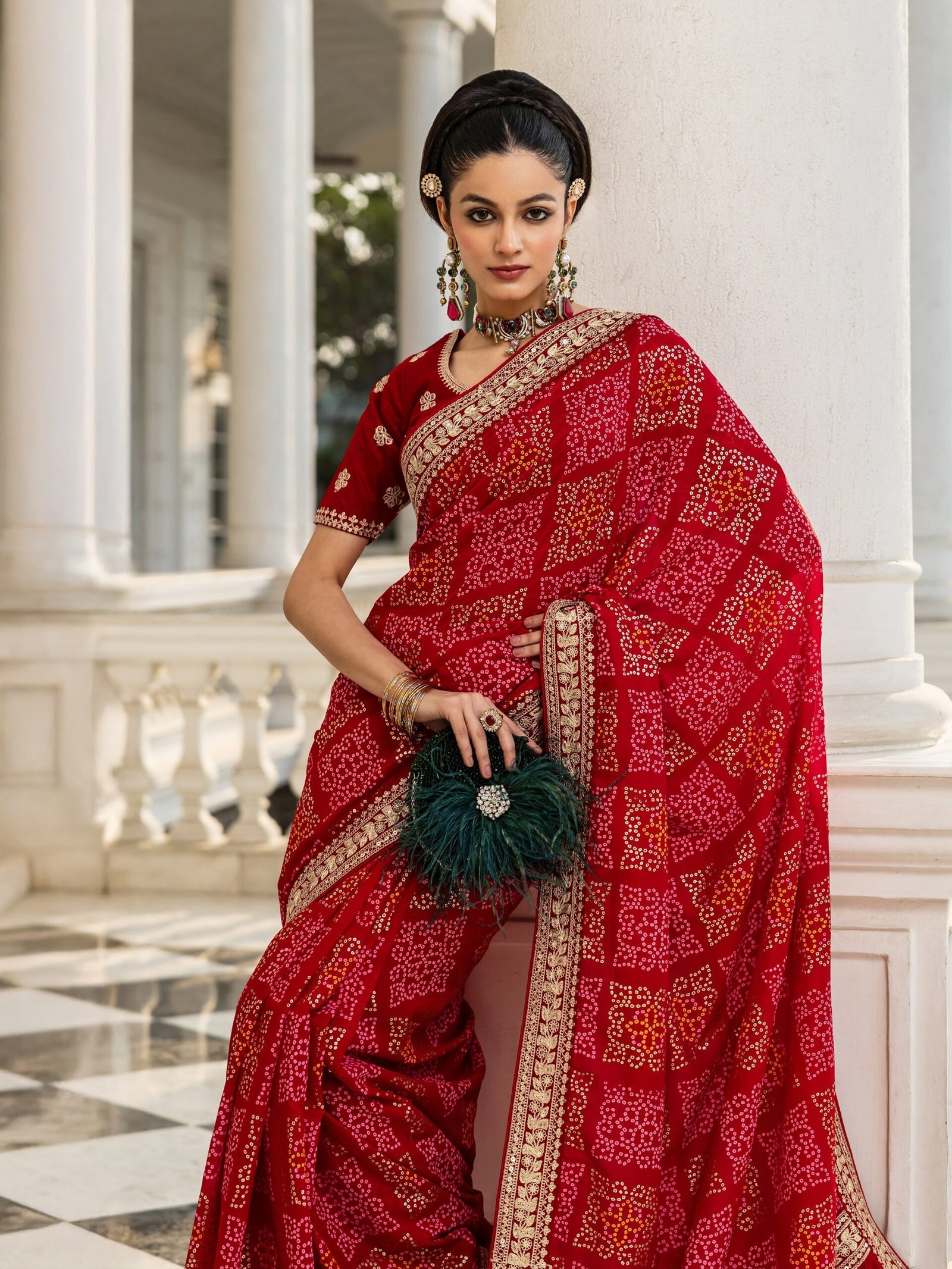 Red Bandhani Printed Silk Blend Saree ...