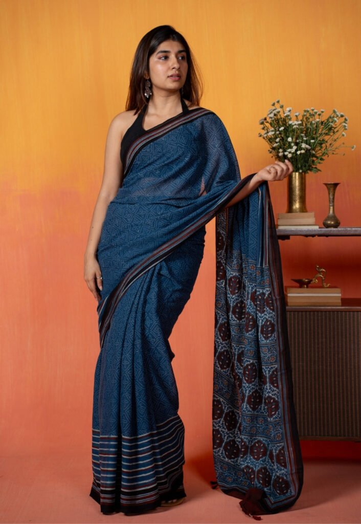 Blue Floral Ajrakh Hand Block Print Mul Saree by The Indian Ethnic Co., South Asian ethnic wear