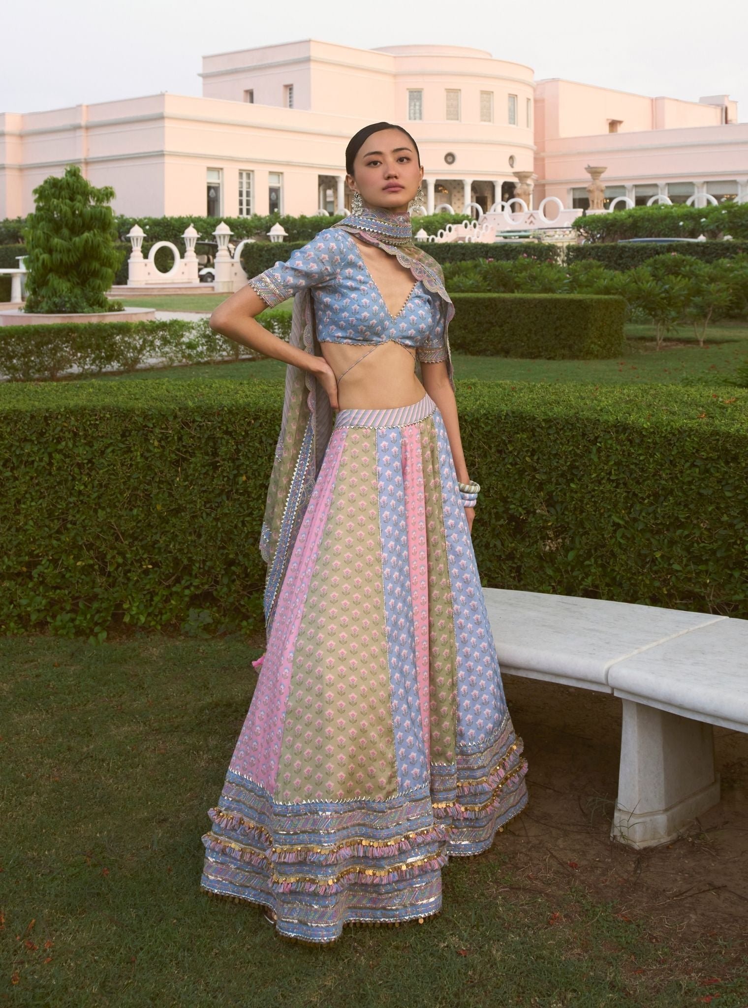 Indira Steel Blue Printed Lawn Lehenga Set by Mulmul, South Asian ethnic wear