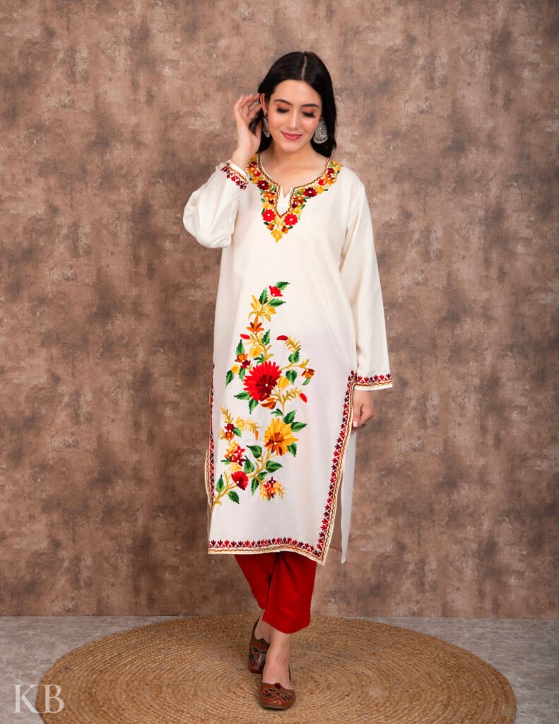 Sunflower Sprout Kashmiri Aari Embroidered Cotton Kurti For Women by Kashmir Box, South Asian ethnic wear