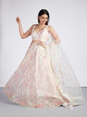 Women'S Cream Net Sequins And Thread Embroidery Lehenga Choli & Dupatta
