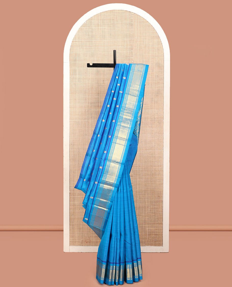 Blue Kanchipuram Silk Saree, Detailed With Zari Buttas, A One-Sided Border Featuring Panner Sombu, Banaras, And Jaal Design, Pallu Of Kodi Visiry, And No Blouse