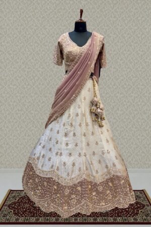 Cream With Lavender Sequins, Pearl, Beads And Zardozi Work Crop Top Designer Bridal Lehenga by Seasons Chennai, South Asian ethnic wear