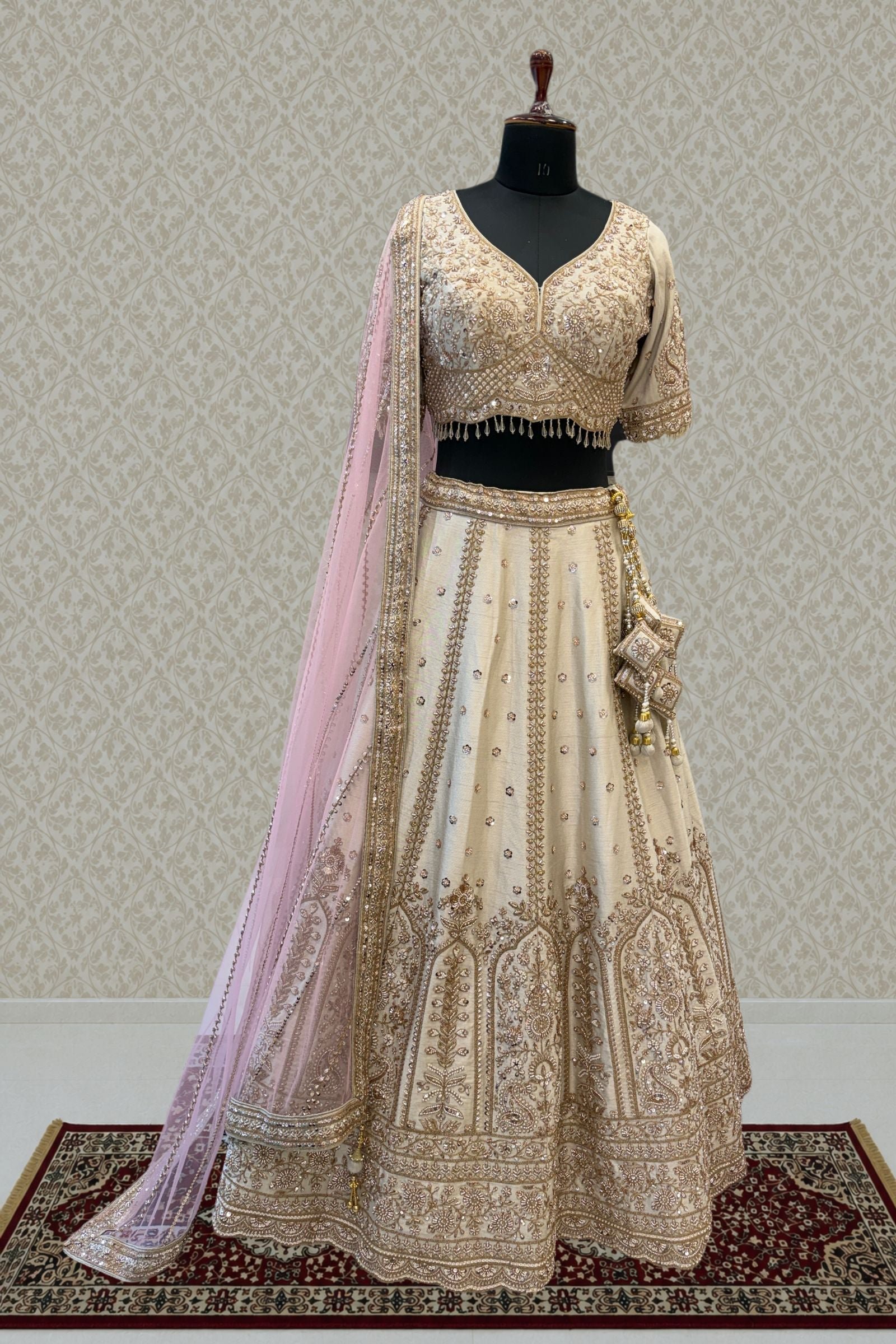 Designer Wedding Lehenga In Cream With Beads, Zari And Sequins Work by Seasons Chennai, South Asian ethnic wear