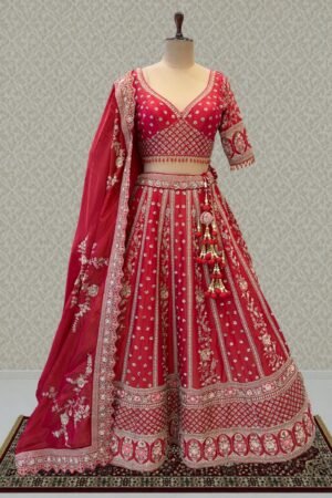 Coral Red Handworked Zardozi, Sequins, Pearl And Beads Work Crop Top Designer Bridal Lehenga by Seasons Chennai, South Asian ethnic wear